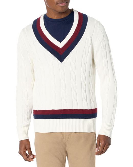 Brooks Brothers Blue Supima Cotton Cable V-neck Tennis Sweater for men