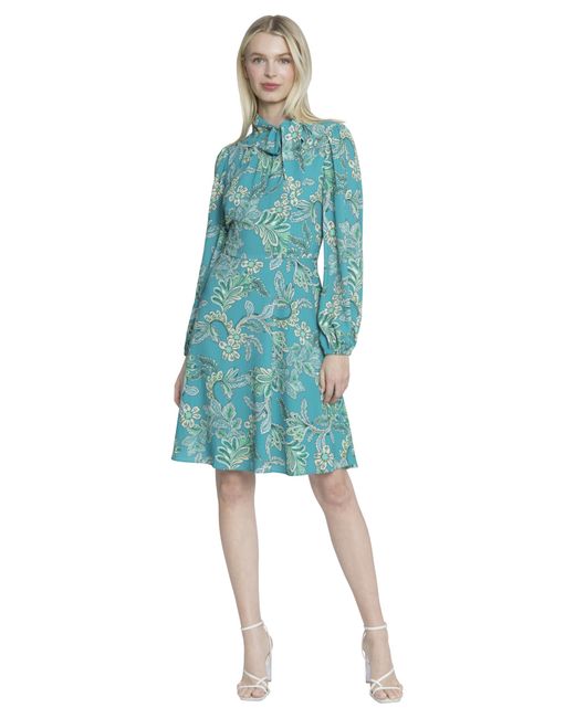 Maggy London Blue Mock Neck Tie Long Sleeve Fit & Flare Wedding Guest S Dresses