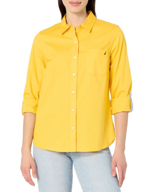 Nautica Yellow Button Front Long Sleeve Roll Tab Shirt