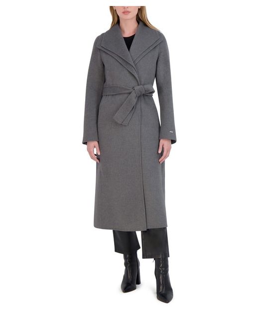 Tahari Gray Maxi Double Face Wool Blend Wrap Coat