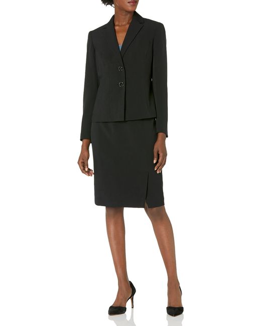 Kasper Le Suit Petite Crepe Two Button Jacket With Multi Seams And Side  Slit Skirt in Black
