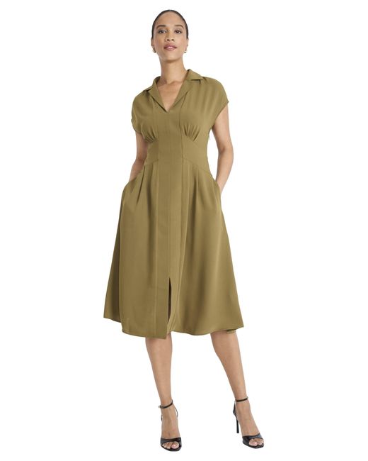 Maggy London Natural Collared V-neck Cap Sleeve Midi Fitted Waist And Flared A-line Silhouette-wedding Guest Dress