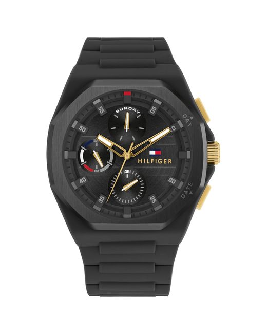 Tommy Hilfiger Black Multifunction Silicone Wristwatch - Water Resistant Up To 5 Atm/50 Meters - Premium Fashion Timepiece For All Occasions - 44 for men