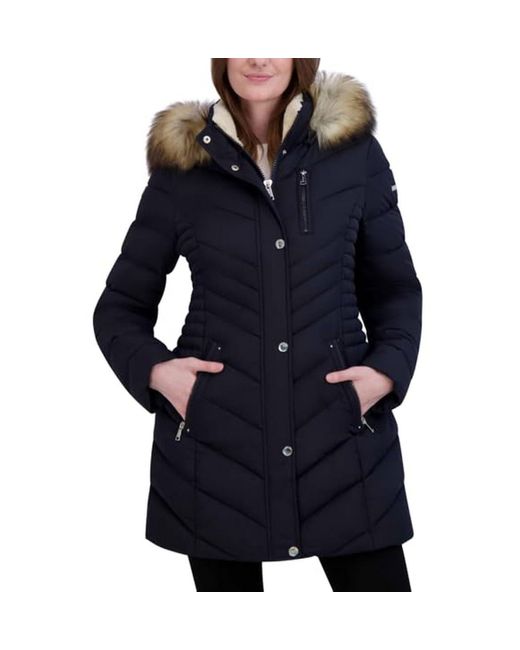 Laundry by Shelli Segal Blue Puffer Jacket With Fur Strip Hood