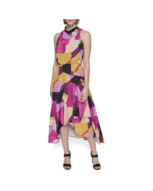 Karl Lagerfeld Pink Paris Halter Neck Silky Crepe Colorful Geo Print Midi Dress