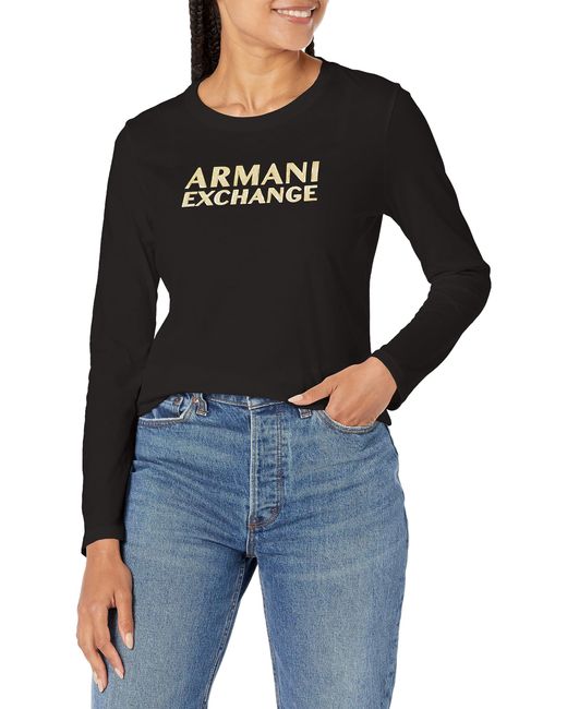 Emporio Armani Black A | X Armani Exchange Slim Fit Cotton Jersey Metallic Logo Long Sleeved Tee