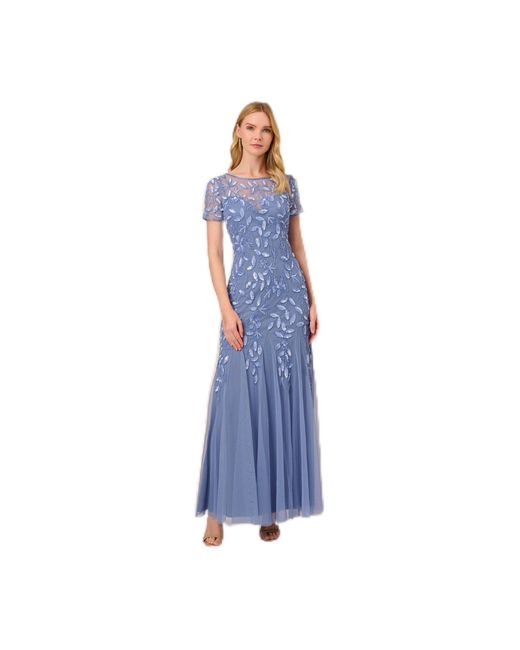 Adrianna Papell Blue Short-sleeve Floral Beaded Godet Gown