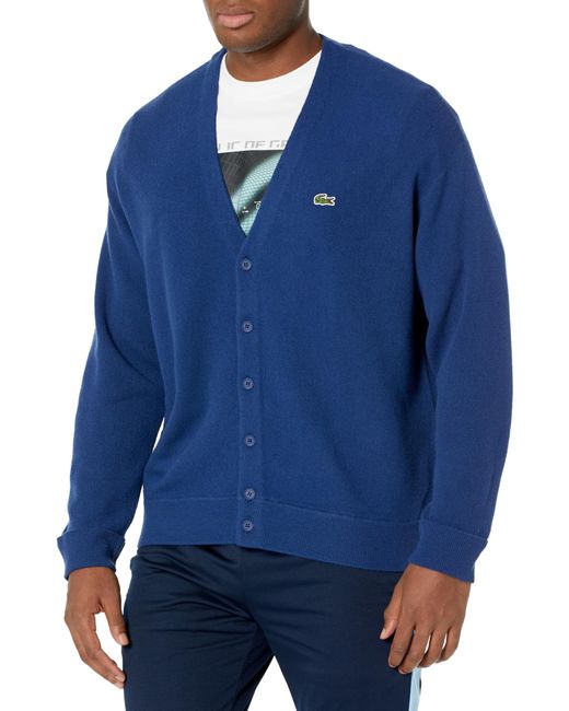 Lacoste Blue Long Sleeve Solid Wool Cardigan for men