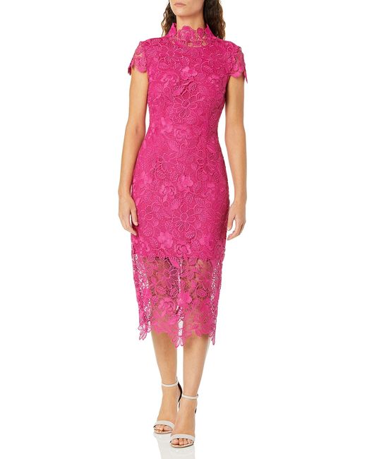 Nicole Miller Pink Short Sleeve Fitted Lace Dress With Sheer Skirt Bottom