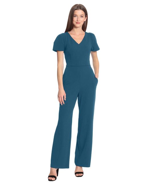 Maggy London Blue Sleek And Sophisticated Crepe Jumpsuit With Puff Sleeves Workwear Event Occasion Guest Of