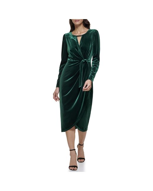 Kensie Green Long Sleeve Velvet Faux Wrap Midi Dress