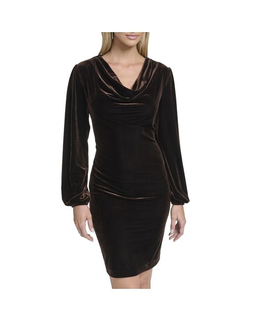 Calvin Klein Women's Black Long Sleeve Cowl Neck Velvet Knee Length Sheath  Dress