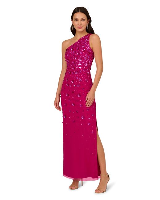 Adrianna Papell Pink One Shoulder Beaded Gown