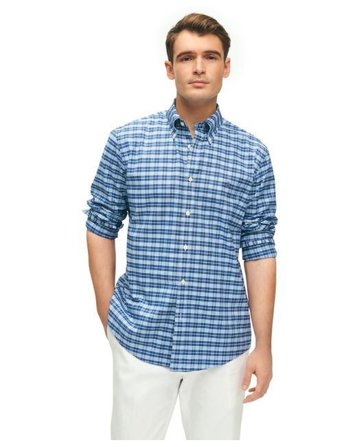 Brooks Brothers Blue Regular Fit Non-iron Stretch Oxford Long Sleeve Check Sport Shirt for men