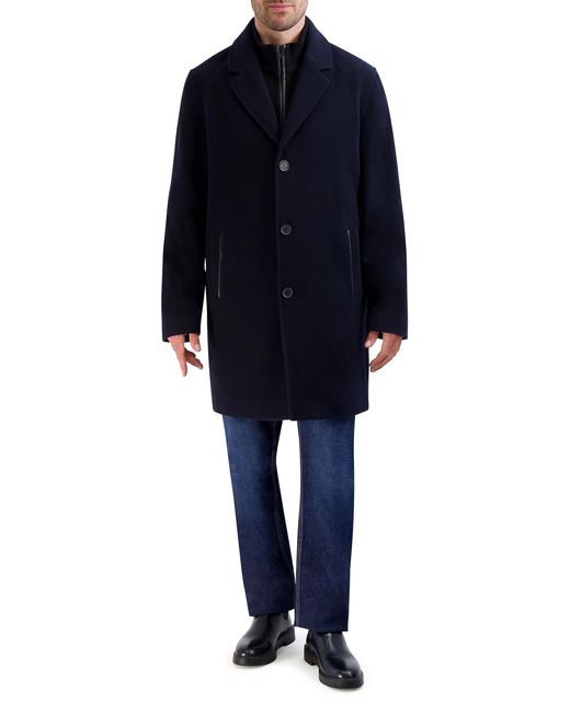 Cole Haan Blue Car Coat With Rib Knit Bib And Faux Leather Detail for men