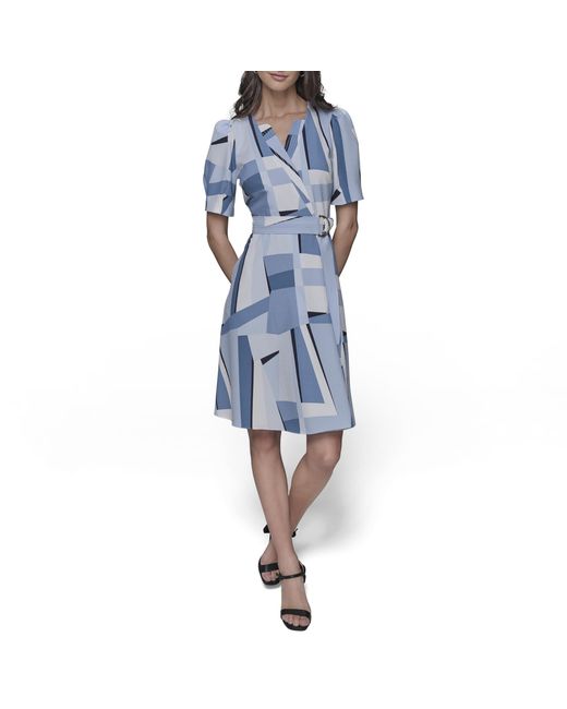 karl lagerfeld blue dress Women's Cotton-Poplin Floral Drop Waist Midi Dress | Soft White/Sky Blue