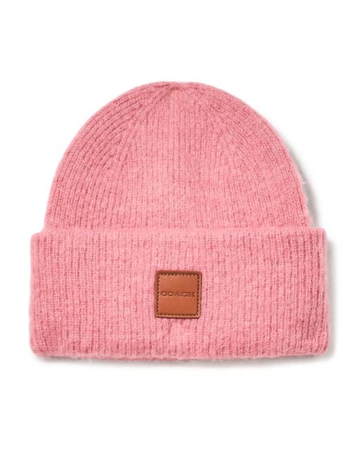 COACH Pink Leather Patch Beanie