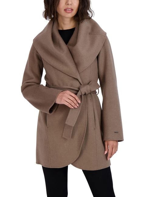 Tahari Brown Double Face Wool Blend Wrap Coat With Oversized Collar