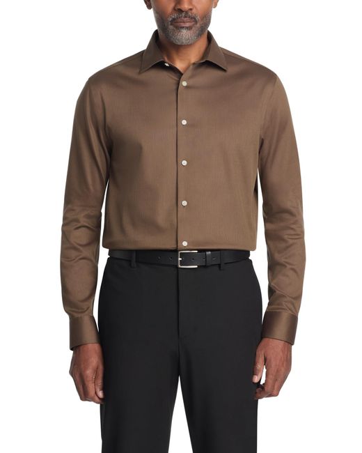 Calvin Klein Men's Brown Dress Shirt Non Iron Stretch Regular Fit Solid