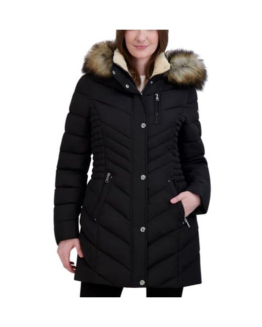 Laundry by Shelli Segal Black Puffer Jacket With Fur Strip Hood