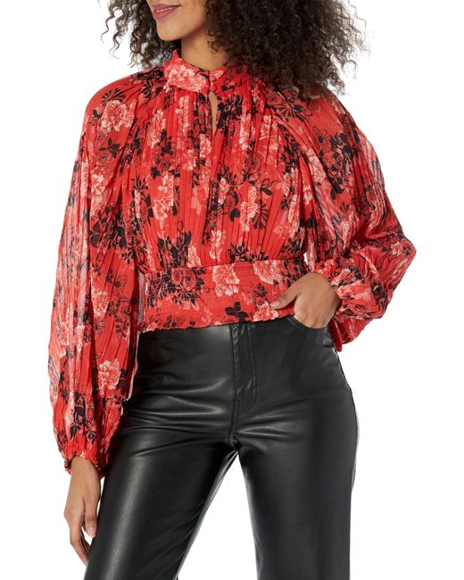 Guess Red Long Sleeve Bianca Pleated Top
