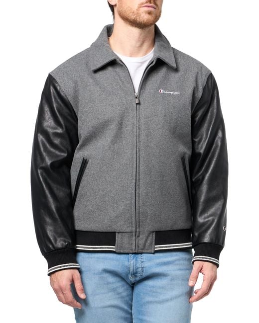 Champion Men's Gray Letterman Varsity Bomber Zipper Closure Jacket