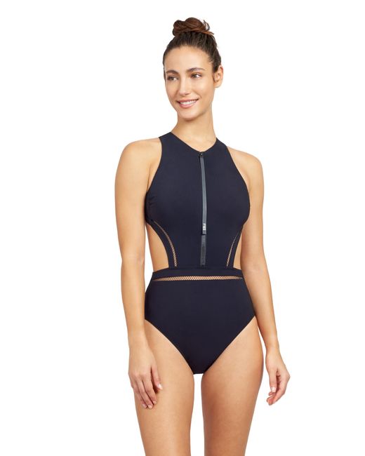 Gottex Blue Standard Free Sport Champion Solid High Neck Cut Out One Piece Swimsuit With Zip