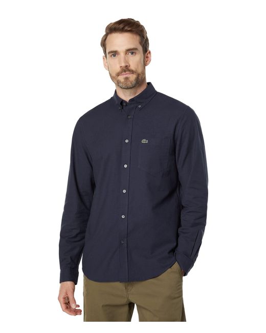Lacoste Blue Buttoned Collar Oxford Cotton Shirt for men