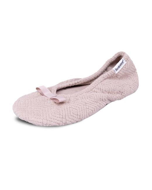 Isotoner Pink Diamond Microterry Gemma Ballerina Slippers-suede Sole With Memory Foam Comfort