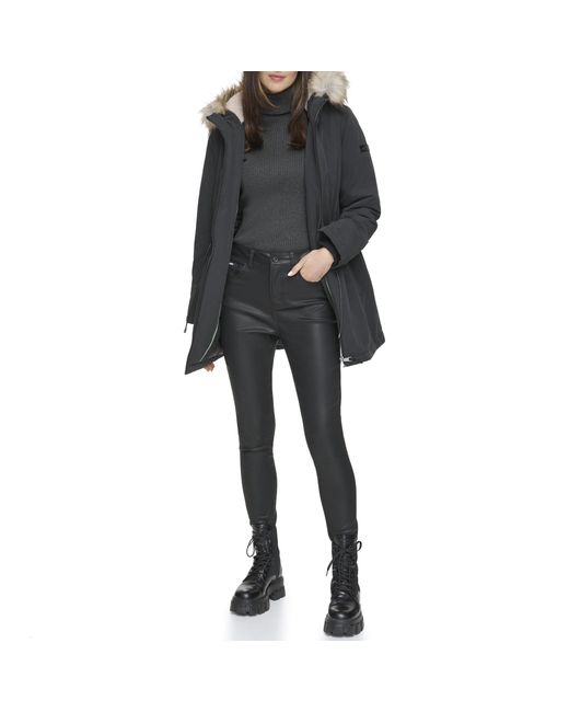 DKNY Black Faux-fur Trim Anorak Coat