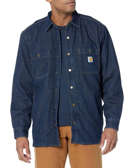 Carhartt Blue Relaxed Fit Denim Fleece Lined Snap-front Shirt Jac for men