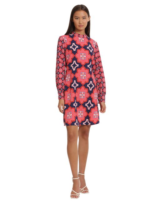Donna Morgan Red Long Sleeve Mock Neck Printed Fit And Flare Dress