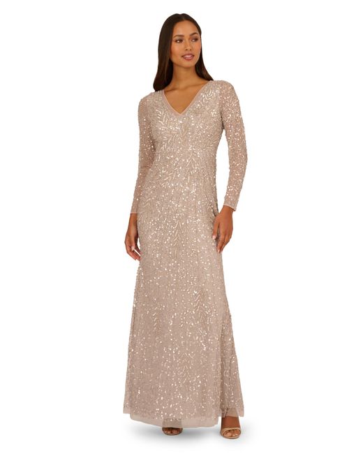 Adrianna Papell Women's Natural Long-sleeve Beaded Full-length Gown -  www.rajagirimanappuram.com