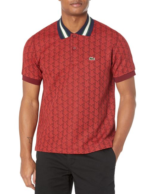 Lacoste Red Short Sleeve Allover Monogram Polo Shirt for men