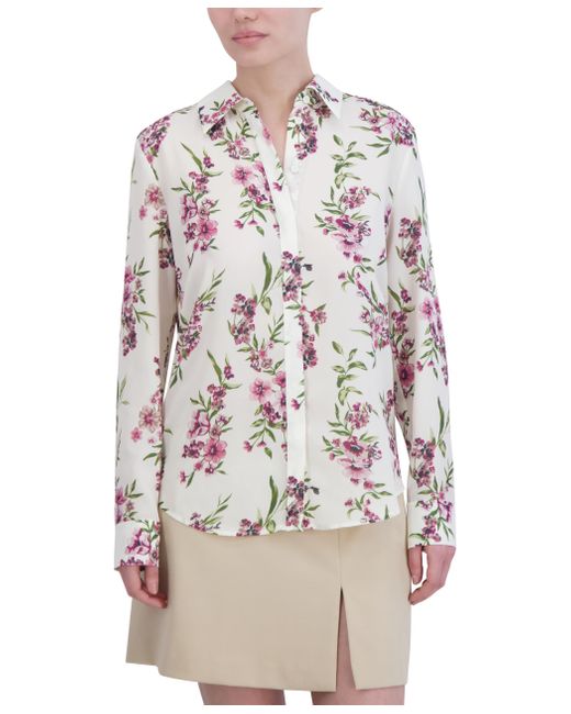 BCBGMAXAZRIA White Long Sleeve Collar Neck Button Down Top