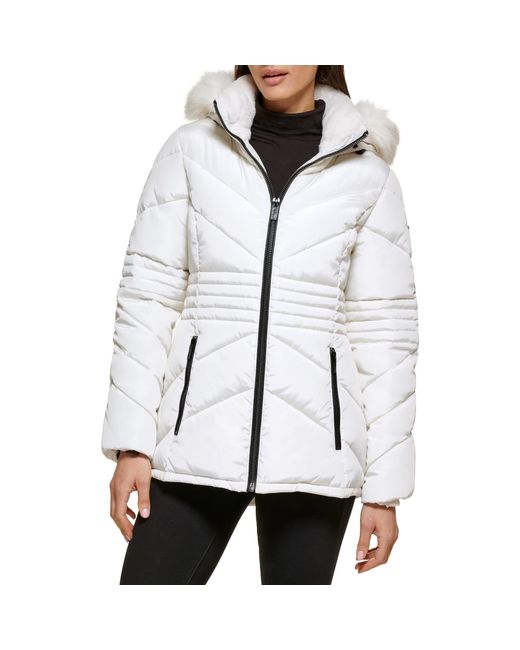 Guess White Short Hooded Puffer Coat With Faux Fur Bib