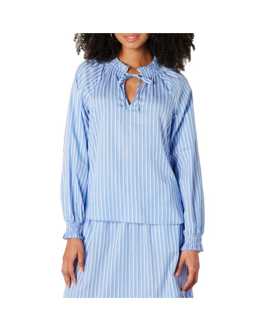 Blusa a iche Lunghe con Collo Arricciato in Raso di Cotone vestibilità Comoda di Amazon Essentials in Blue