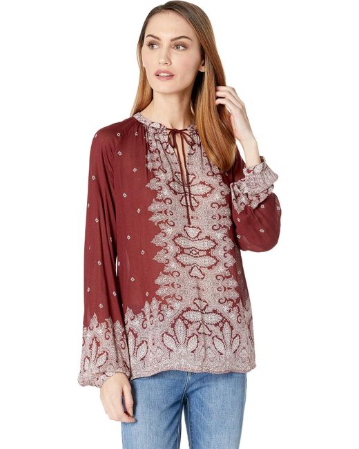 Lucky Brand Red Peasant Top With Contrast Border Print