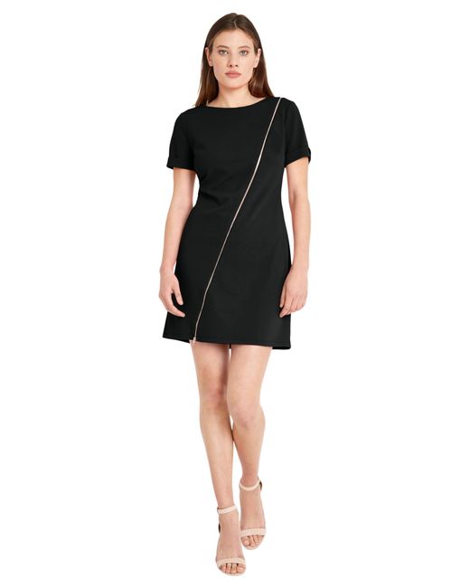 Donna Morgan Black Short Sleeve Scuba Crepe Dress With Zipper Detail