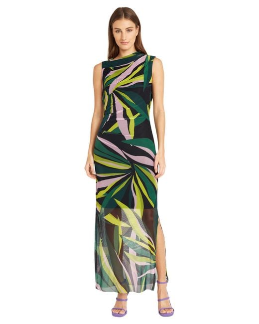 Donna Morgan Green Side Pleat Maxi Dress With Gathered Neck And Asymmetric Shoulders