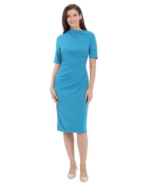 Maggy London Blue Side Pleat Dress With Asymmetric Neck And Elbow Sleeves