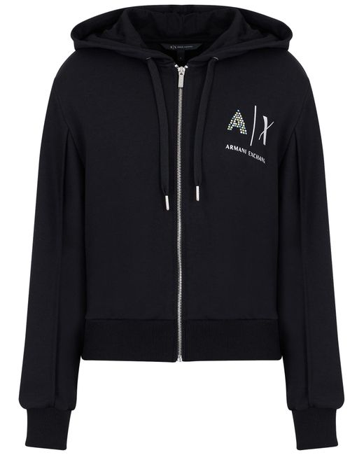 Emporio Armani Black A | X Armani Exchange Metallic Logo Zip Up Hooded Sweatshirt