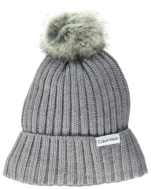 Calvin Klein Gray Warm Fleece Lined Faux Fur Pom Hat