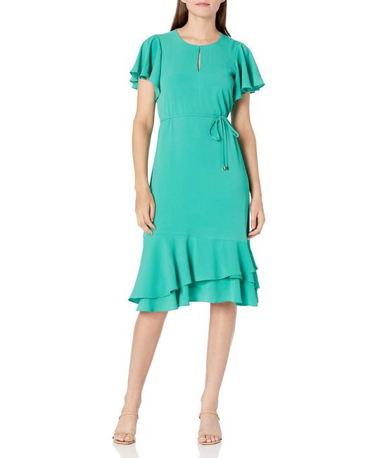 Maggy London Green Catalina Crepe Jewel Neck Flutter Sleeve Fit And Flare