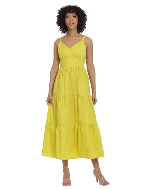 Maggy London Yellow V-neck Cotton Tiered Maxi Vacation Resort Event Guest Of