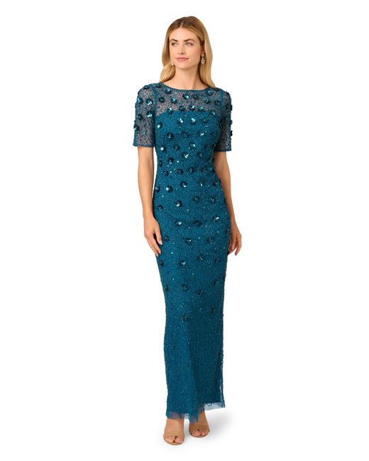 Adrianna Papell Women's Blue Beaded Long 3d Floral Dress Floor Length Gown With Realistic Flower Beading Adrianna Papell Women's Blue Beaded Long 3d Floral Dress Floor Length Gown With Realistic Flower Beading