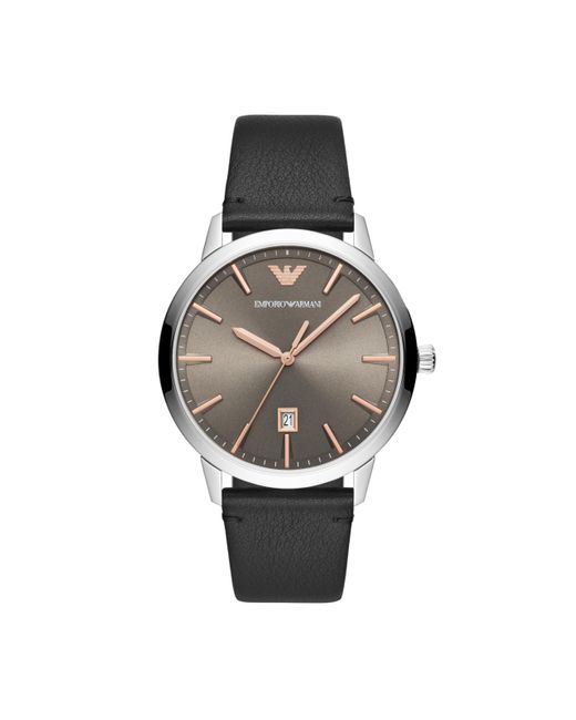 Emporio Armani Metallic Three-hand Silver And Black Leather Band Watch for men