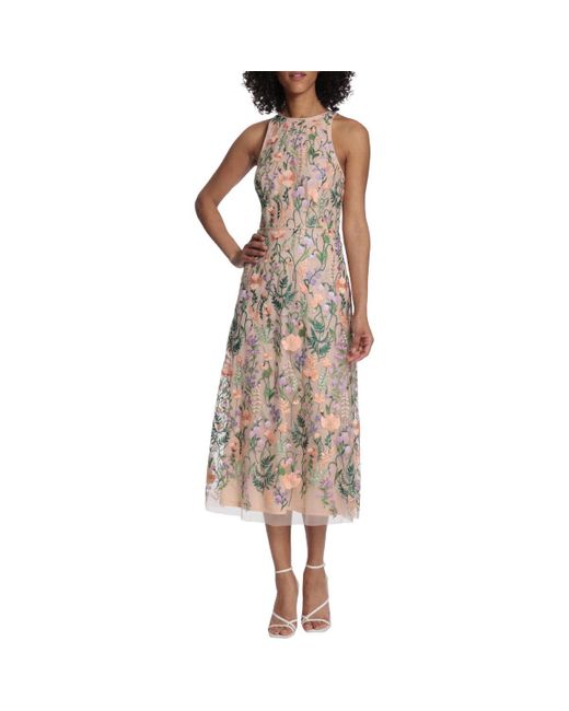 Maggy London Brown Floral Embroidered Halter Midi Dress With Back V-neck