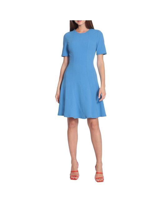 Maggy London Blue Petite Short Sleeve Fit And Flare Scuba Crepe Dress