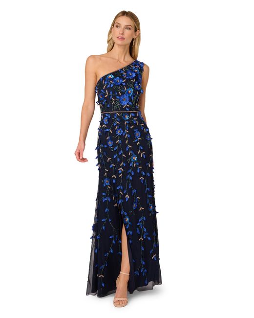 Adrianna Papell Blue Bead One Shoulder Dress